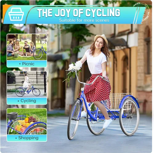 Miniatura 3 de Outroad - Triciclo Comfort de 24/26 pulgadas, triciclo de crucero de 1 velocidad, bicicletas de 3 ruedas con cesta grande para personas mayores
