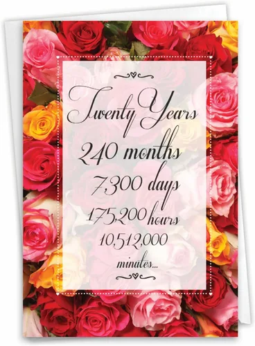 NobleWorks Tarjeta de notas de aniversario del 20º hito con sobre, 20 años de amor, tarjeta de matrimonio para esposa, marido, parejas, conteo de