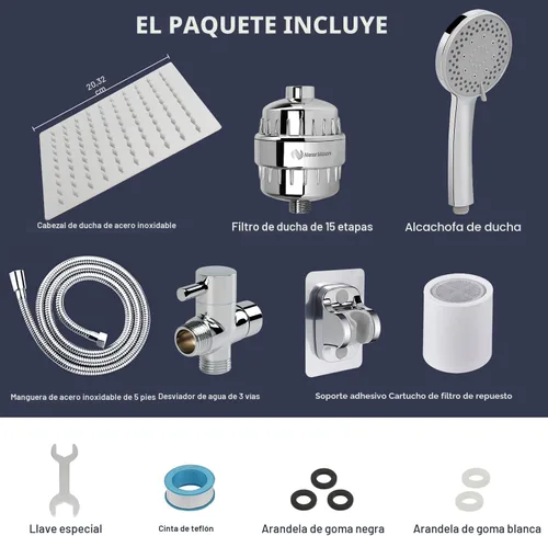 Miniatura 8 de NearMoon Cabezal de ducha filtrado, cuadrado de alta presión de 8 pulgadas, 5 ajustes de filtro de ducha de lluvia de mano con soporte Cromo