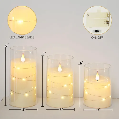 Miniatura 6 de Homemory Velas parpadeantes sin llama con tira de luces, velas que funcionan con pilas, luces LED de cadena integradas, vela de plexiglás irrompible