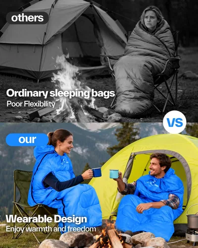 Miniatura 3 de Sportneer Saco de dormir portátil para adultos y niños - Caminable con cremalleras en los brazos, clima cálido e impermeable frío, compacto para Azul