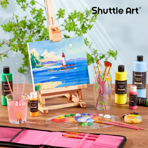 Miniatura 8 de Shuttle Art Juego de 12 pinceles de pintura con estuche, formas y tamaños surtidos para acrílico, acuarela, óleo y gouache, pinceles de artista Rosa