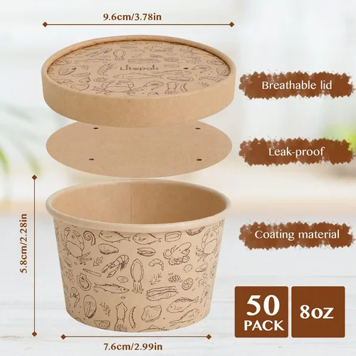 Miniatura 2 de LITOPAK Paquete de 50 recipientes de papel de 8 onzas con tapas ventiladas, vasos de papel kraft para alimentos, recipientes de sopa con tapas