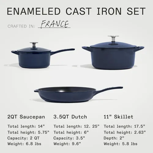 Miniatura 5 de Made In Utensilios de cocina – Juego de 5 piezas de hierro fundido esmaltado – Azul – Incluye horno holandés con tapa, sartén y cacerola con tapa