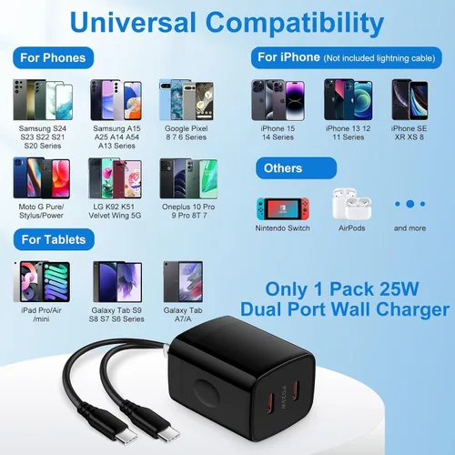 Miniatura 7 de Bloque de cargador de 25 W, USB C, caja de cargador de pared Android, 2 puertos, adaptador de corriente de enchufe de carga dual súper rápido