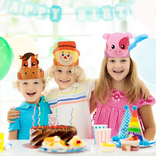 Miniatura 7 de Yinder 48 sombreros de fiesta de cumpleaños con temática de animales de granja, diademas de animales, corona de papel de granja para recuerdos