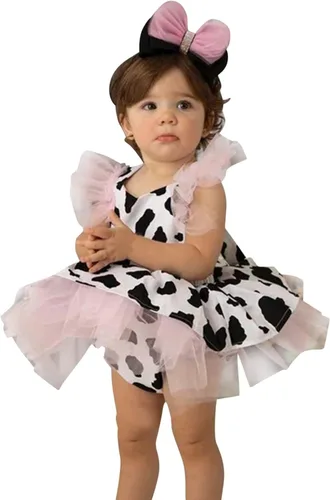 Miniatura 3 de Toddler Girl Fall Dress Baby Girls Romper Dress Infant Cow Print Tulle Clothes Take Home Outfit