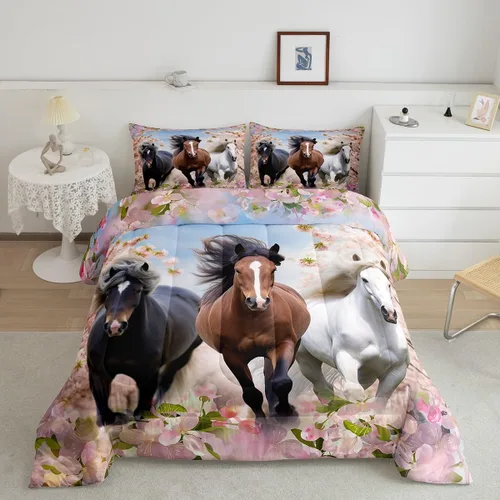 Miniatura 19 de Feelyou Juego de edredón tamaño individual con diseño de caballo y cerezo en flor de galope para niños, adolescentes, edredón occidental, decoración