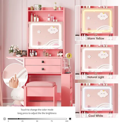 Miniatura 3 de Vabches Escritorio pequeño de maquillaje, 3 espejos iluminados ajustables, juego de tocador blanco, panel plegable, estación de carga, parte