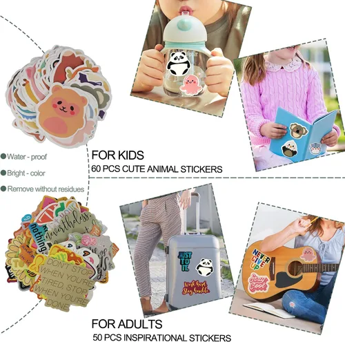 Miniatura 3 de Soporte para bolígrafo para escritorio con 60 piezas de animales lindos y 50 calcomanías inspiradoras, soporte para lápices de hojalata, organizador