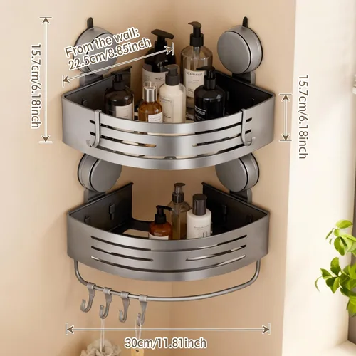 Miniatura 2 de Organizador de ducha de esquina con ventosa, paquete de 2 estantes de ducha de esquina de aluminio gris sin perforaciones con barra de toalla