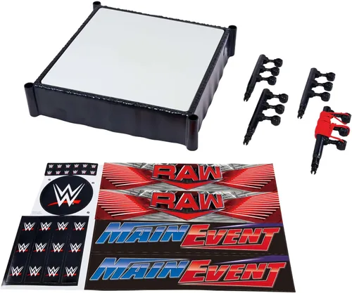 Anillo de Superestrella de la WWE de Mattel con Etiquetas - Main Event y RAW, Alfombra de Anillo con Resorte y Cuerda Elástica Profesional
