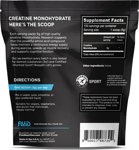 Miniatura 2 de Fluid Creatina - Certificado Informed Sport Polvo de Monohidrato de Creatina Micronizada Ultra-Fin 100% Sin Sabor Porción de 5g Paquete