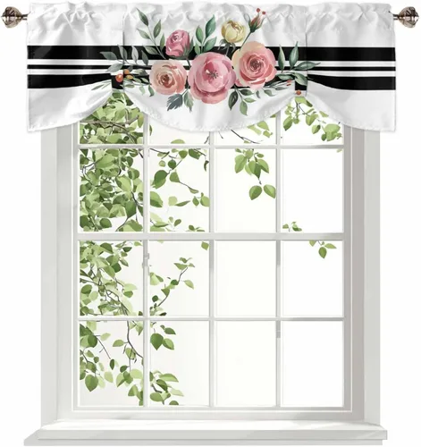 Miniatura 23 de Cenefa de amarre cardenal de Navidad, cenefa de cocina ajustable con hojas de eucalipto verde baya, cenefas blancas con bolsillo para barra