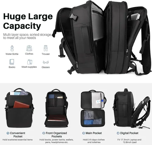 Miniatura 29 de Mochila de Viaje Snoffic para Mujer, Negro, 17 pulg.