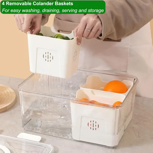 Miniatura 4 de Taiuloo Contenedores herméticos para almacenamiento de frutas en refrigerador con tapa y asa, caja de snacks sin BPA con 4 coladores removibles