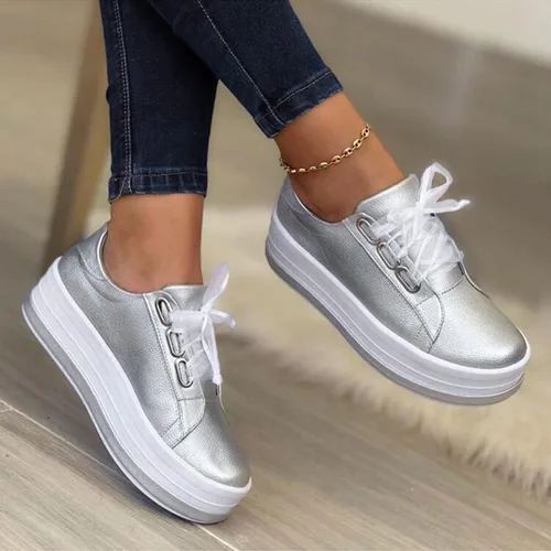 Hbeylia Zapatos deportivos de plataforma para mujer, a la moda, informales, de cuero, puntera redonda, parte inferior gruesa, tacones altos, zapatos