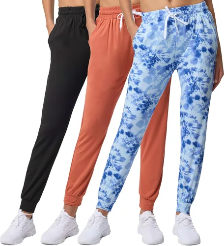 Real Essentials - Pantalones, paquete de 3 unidades Real Essentials - Pantalones deportivos de yoga ultra suaves para mujer con bolsillos y cordón