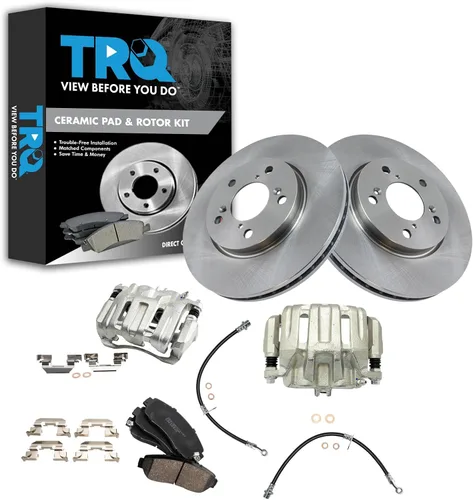 TRQ Juego de pastillas de freno delanteras y rotores de cerámica, pinzas, mangueras, compatibles con Honda Odyssey 2005-2010