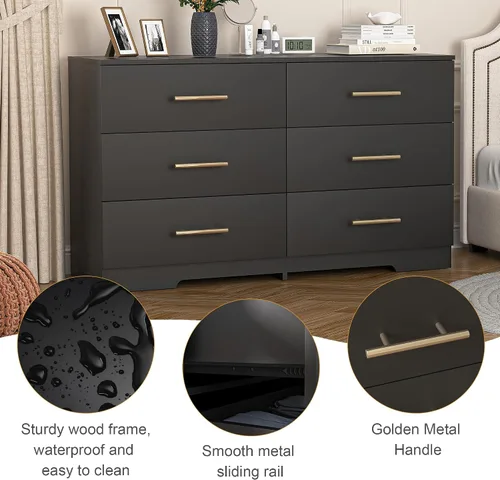 Miniatura 6 de Spaco Cómoda negra para dormitorio, cómoda moderna y grande de 6 cajones con asa dorada, cómoda de almacenamiento, mueble de madera para TV, mueble