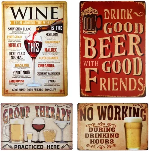 UOOPAI Letrero de hojalata para decoración de pared, retro, placa de metal, bar, pub, vintage, juego de 4 pósteres con terapia de grupo de vino sin