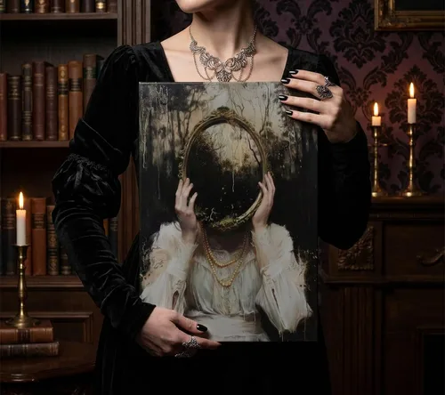 Miniatura 6 de Lienzo gótico victoriano para pared, mujer elegante con perlas y detalles de encaje, pintura, obra de arte Dark Academy, decoración de pared, Marrón
