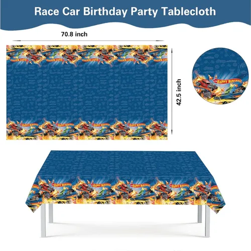 Miniatura 2 de Decoraciones de fiesta de coche de carreras calientes Juego de suministros de cumpleaños con cubierta de mesa de plástico (42.5 x 70.8 pulgadas)