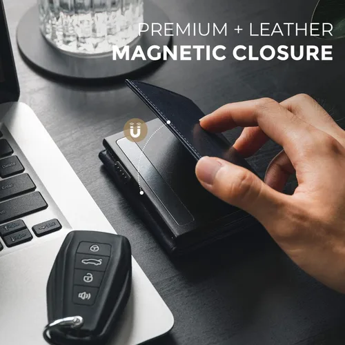 Miniatura 5 de VULKIT Cartera con tarjetero para hombre, con cierre magnético, bloqueo RFID, billetera de cuero triple, marino, Moderno