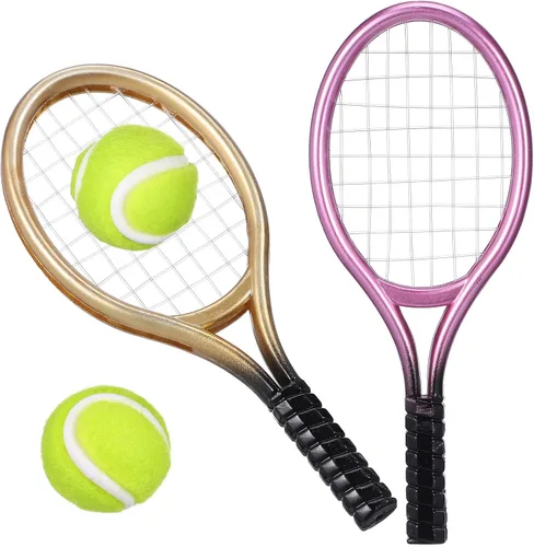 Kisangel 2 juegos de mini raquetas de tenis y bolas, kit deportivo de casa de muñecas en miniatura a escala 1:12, decoraciones realistas para