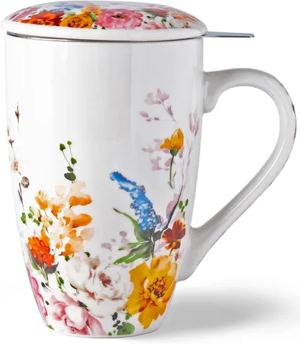 Miniatura 12 de GBHOME Taza de té con infusor y tapa, taza grande de cerámica de hoja suelta de 18 onzas, apta para microondas, apta para lavavajillas, perfecta