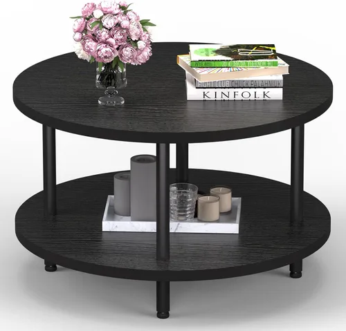 Miniatura 17 de Mesa de Café FAMIDGE, Mesas de Café de 23.6" para Sala de Estar, Mesa de Café Redonda con Marco de Metal, Mesa de Piso para Sentarse en el Suelo