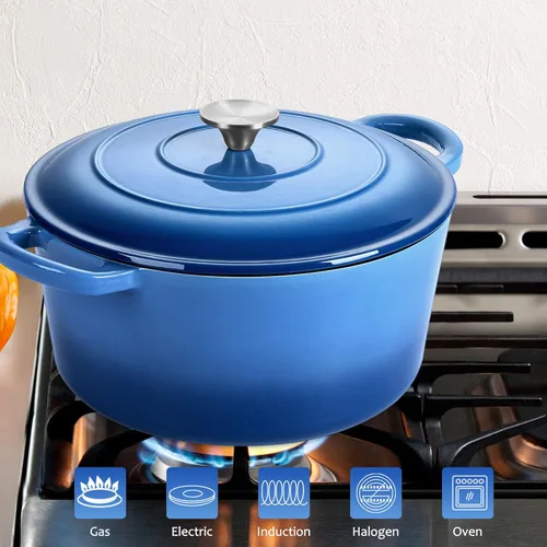 Miniatura 7 de LIANYU Horno holandés de hierro fundido esmaltado con tapa, olla redonda resistente de 6 cuartos de galón con salvamanteles de silicona, utensilios