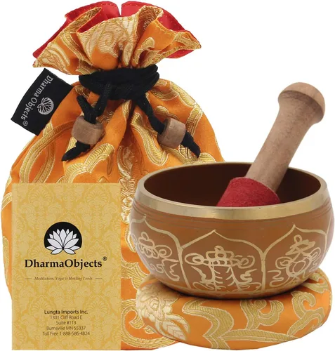 Miniatura 19 de DharmaObjects ~ Juego de cuencos tibetanos OM con mazo, cojín de brocado y bolsa de transporte ~ para meditación, curación de chakras, oración, yoga