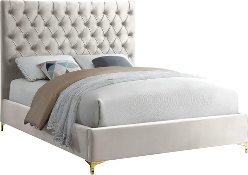 Miniatura 12 de Meridian Furniture Colección moderna Cruz Cama tapizada de terciopelo contemporánea con acolchonamiento de botones profundos y juegos completos