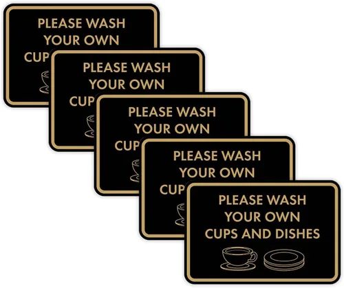 Miniatura 56 de Letrero clásico enmarcado con texto en inglés «Please Wash Your Own Cups and Dishes» (oro cepillado), pequeño