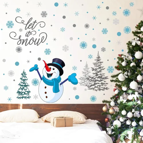 Miniatura 7 de Soaoo 63 calcomanías de pared de invierno, calcomanías de copos de nieve, calcomanías extraíbles de muñeco de nieve de Navidad, arte de pared
