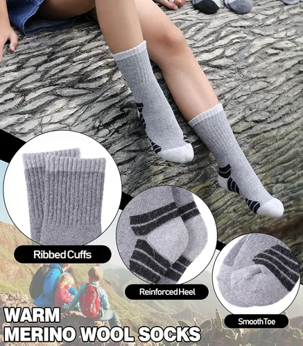 Miniatura 2 de LINEMIN Calcetines de senderismo de lana merino para niños y niñas, cálidos, gruesos, térmicos, acolchados, para invierno, 6 pares