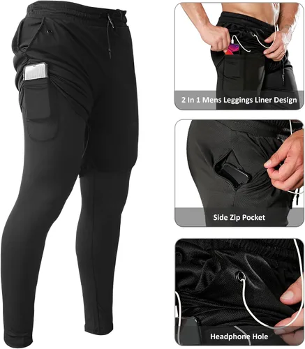 Miniatura 3 de OEBLD Pantalones deportivos 2 en 1 para hombre, de secado rápido, pantalones cortos de entrenamiento para gimnasio, pantalones de compresión