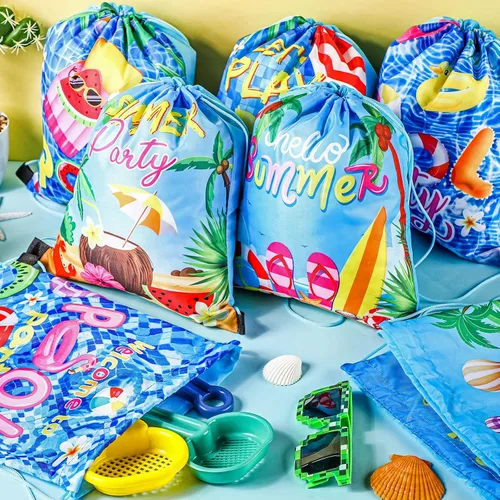 Miniatura 6 de Hosuly 24 bolsas de verano para fiesta en la piscina, bolsas con cordón, mochilas hawaianas, decoración de fiesta de piscina, bolsas de regalo