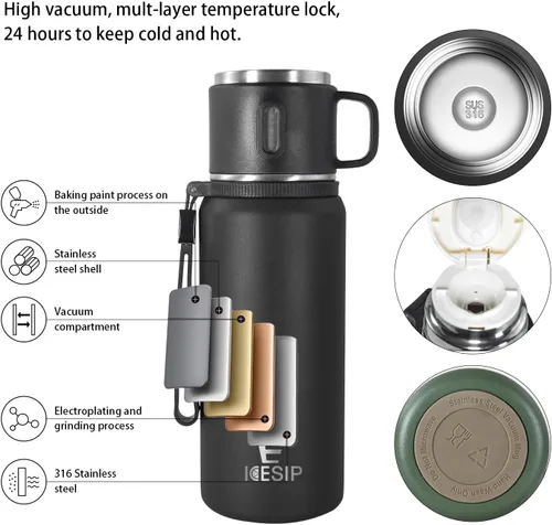 Miniatura 4 de Botella aislada de acero inoxidable, 20 onzas con taza, botella de agua aislada al vacío, termo para bebidas calientes/bebidas frías, viaje con Verde