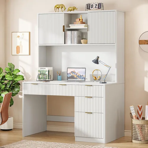 Miniatura 9 de Escritorio ejecutivo Farmhouse de 67" de altura con estante superior, escritorio de oficina con 4 cajones y luz LED, mesa de computadora con Gris