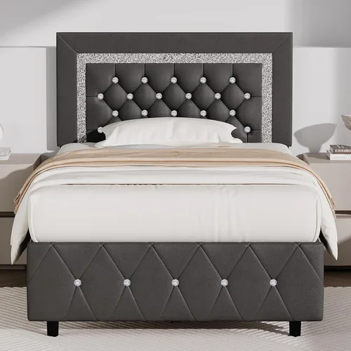 Miniatura 10 de BarnFurin Base de cama y cabecero tamaño King, cama tapizada de piel sintética con diseño capitoné de diamante, base de cama de plataforma moderna