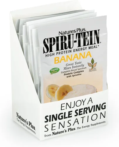 NaturesPlus SPIRU-TEIN, plátano, 8 paquetes en total, batido de proteínas a base de plantas, sin OMG, vegetariano, sin gluten, 8 porciones en total