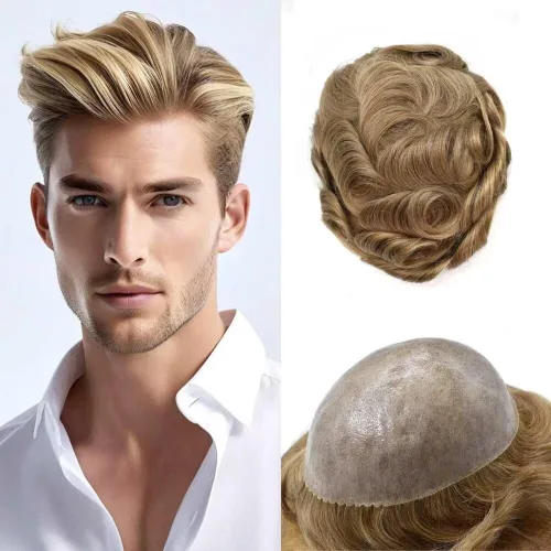Miniatura 105 de Peluca completa de poliuretano para hombre, sistemas de reemplazo de cabello humano, piel fina y duradera, para hombre, prótesis de cabello