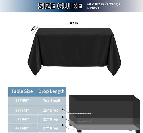 Miniatura 4 de PureFit - Juego de 6 manteles rectangulares negros de 60 x 102 pulgadas para mesas de 6 pies, manteles de lino resistentes a manchas y arrugas
