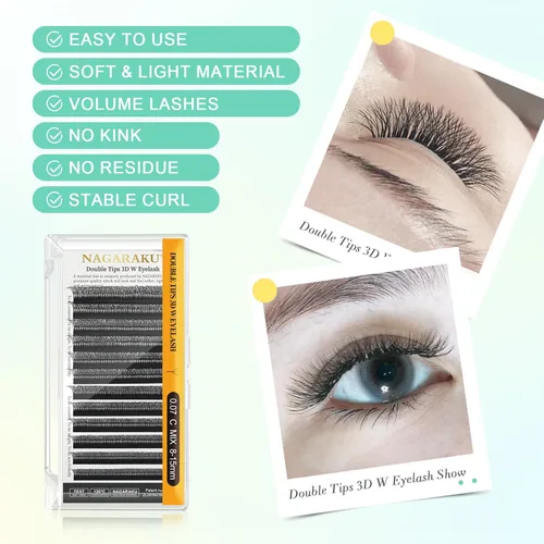 Miniatura 3 de NAGARAKU WW Extensiones de pestañas postizas, suministros de pestañas dobles W, abanico prefabricado 6D, volumen ruso, visón falso negro mate, 12