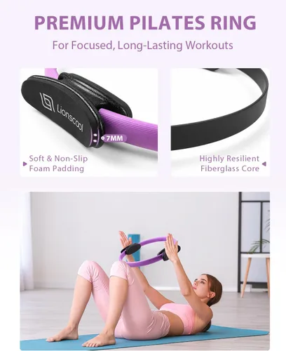 Miniatura 7 de LIONSCOOL Juego de Anillo de Pilates – Círculo Mágico Antideformación de 14 pulgadas con Asas Acolchadas, Mini Pelota, Bandas de Resistencia, Guía