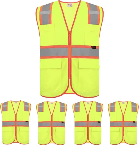 zojo Chalecos de seguridad de alta visibilidad con bolsillos, paquete de 5, chaleco reflectante al por mayor para trabajos al aire libre, ciclismo,