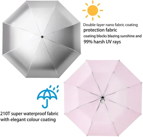 Miniatura 5 de FDJASGY Capa de revestimiento plateado, bloqueo de tela UV 99.9%, paraguas compacto plegable de viaje, paraguas automático resistente al viento