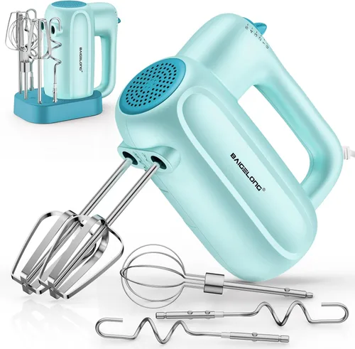 BAIGELONG Batidora eléctrica de mano, mezclador de cocina de 5 velocidades con 5 accesorios de acero inoxidable 304 + base de almacenamiento, Azul